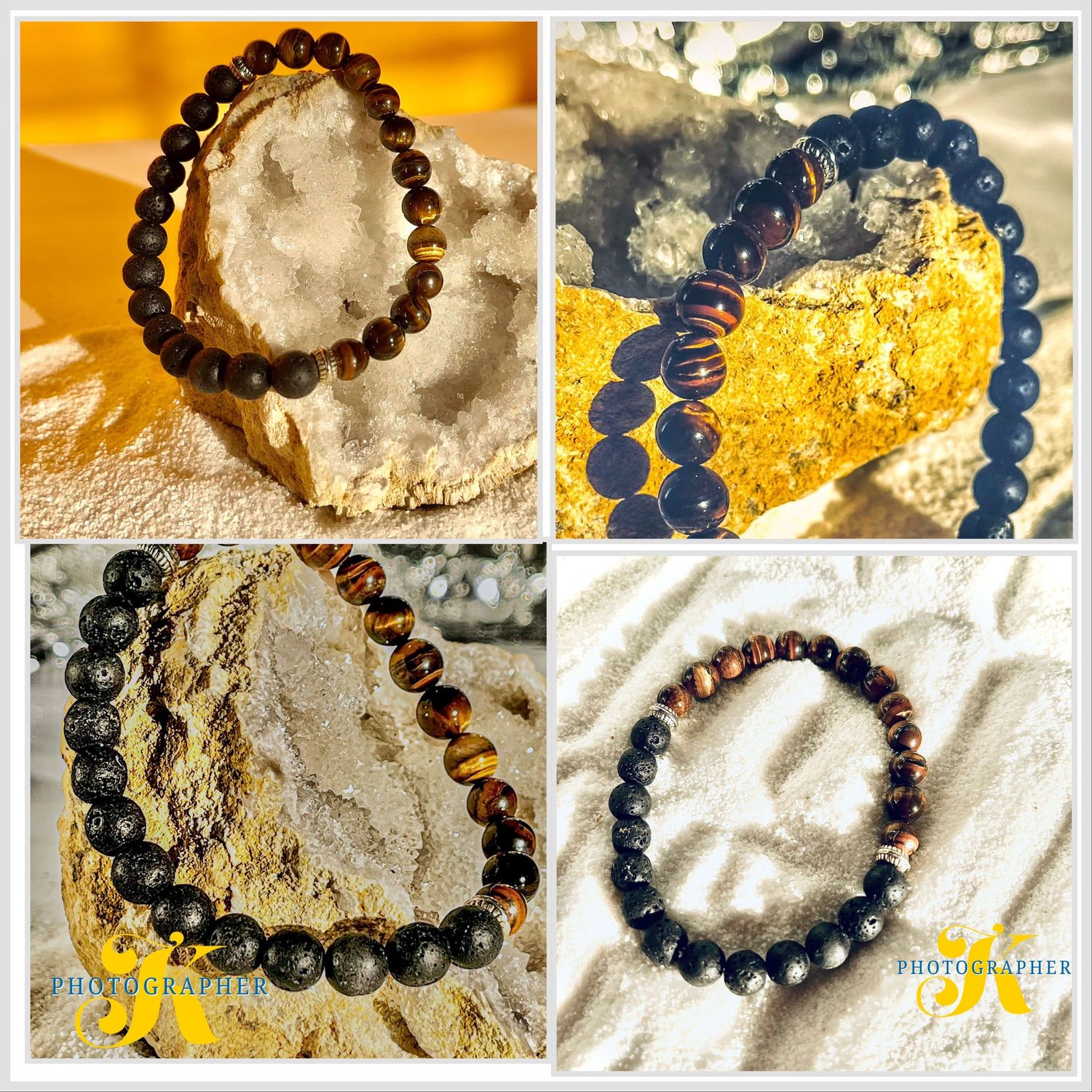 Collection of beaded bracelets displayed on white textured surfaces with golden lighting effects.