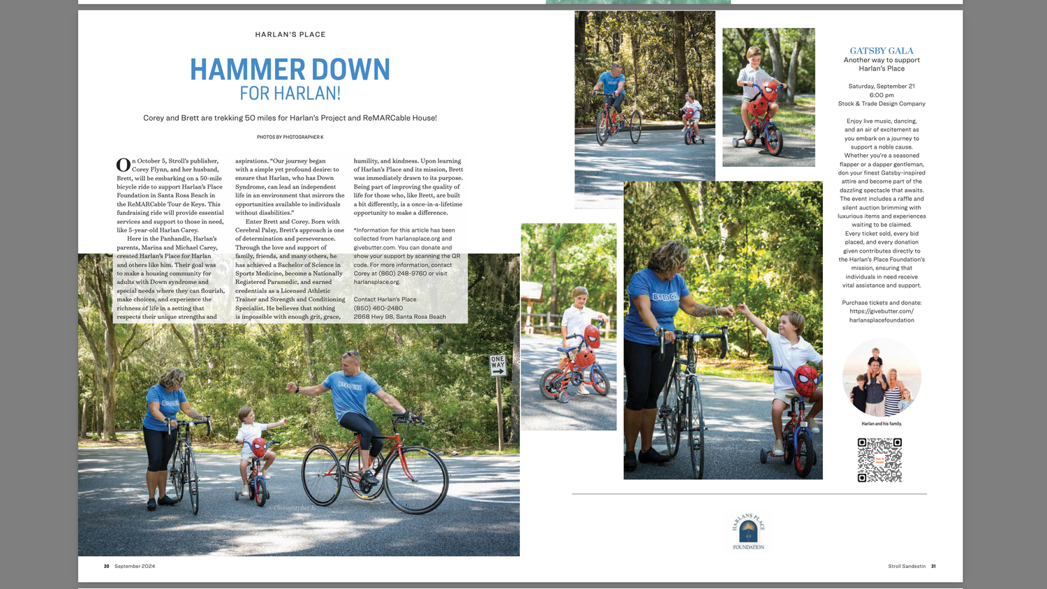 Magazine spread featuring cyclists on a tree-lined path with 'Hammer Down' article headline and multiple cycling photos.