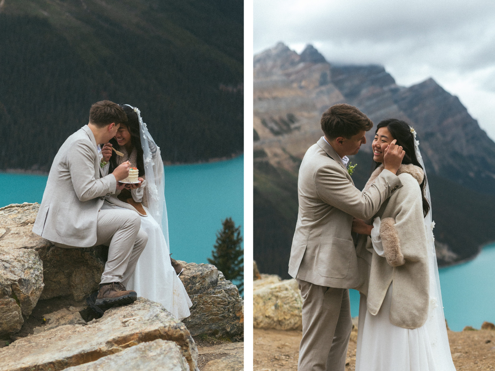 groom tucks bride's hair behind her ear and she smiles tenderly at him during their Peyto Lake elopement