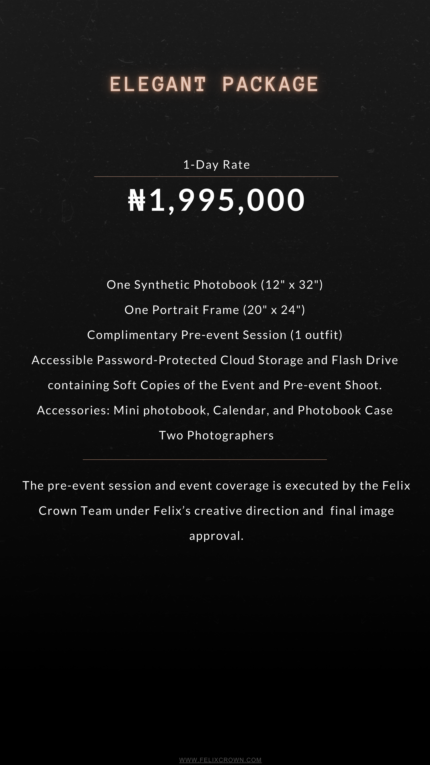 A wedding photography pricing menu displays the Royal Package with rates of N3,980,000 for 1-day and N6,989,000 for 2-day service.