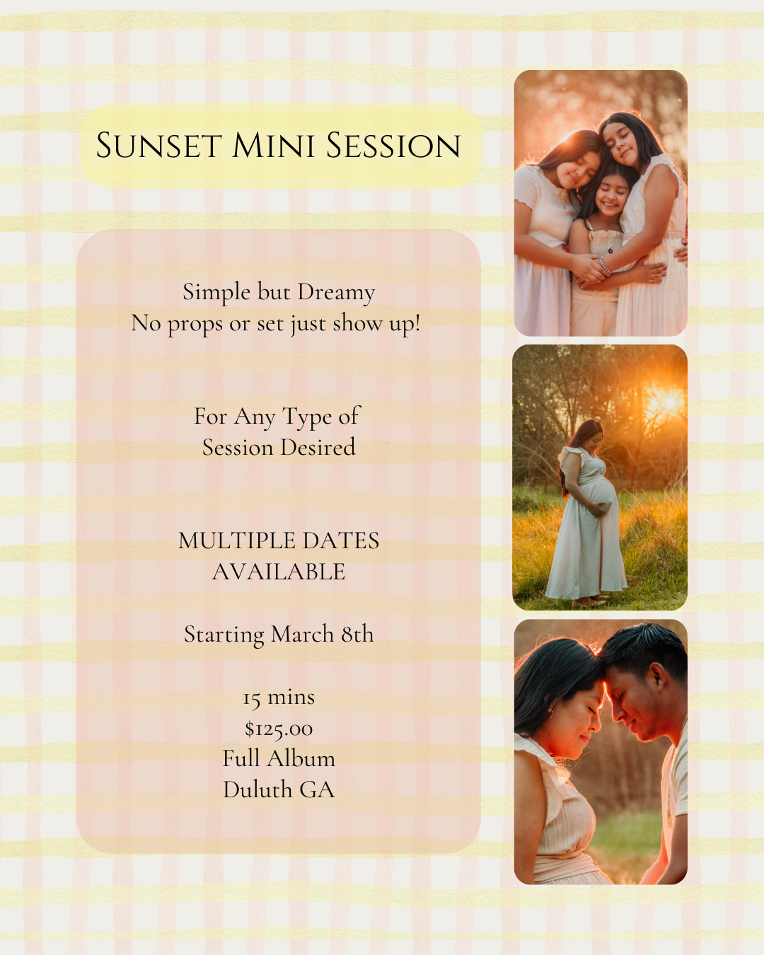A photography session advertisement with three warm-toned photos showcasing sunset portraits and pricing details for mini sessions.