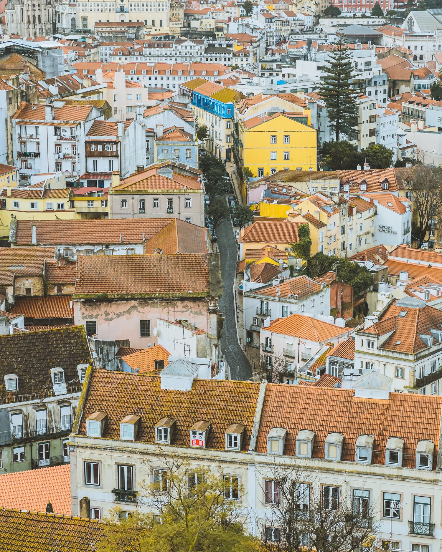 Aerial view of traditional Portuguese rooftops and architecture in historic city center.