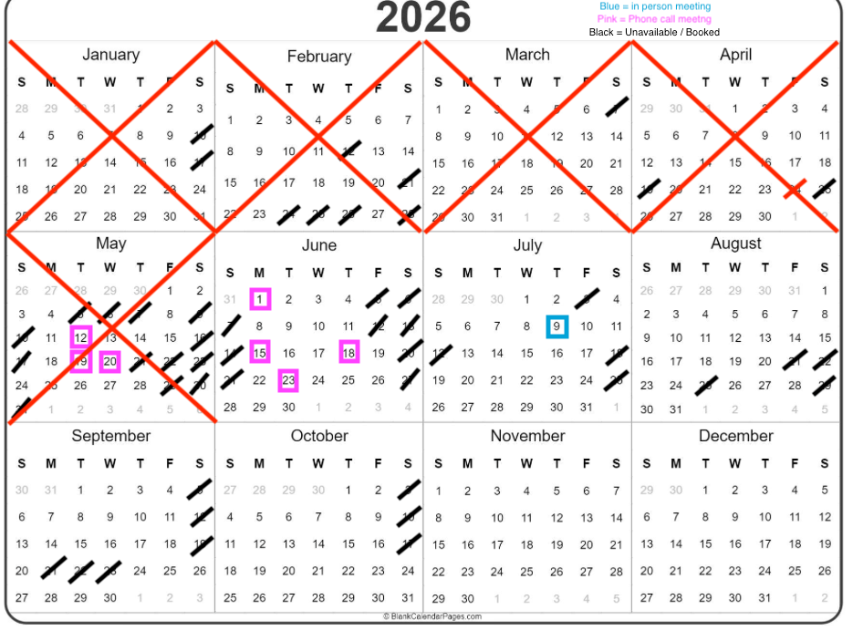 2026 yearly wall calendar with marked dates, holidays, and diagonal slash markings across months.