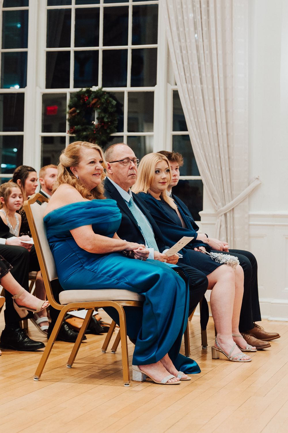 Yorktowne Hotel wedding in York, PA – mother of the bride smiling during wedding ceremony in ballroom – elegant winter wedding