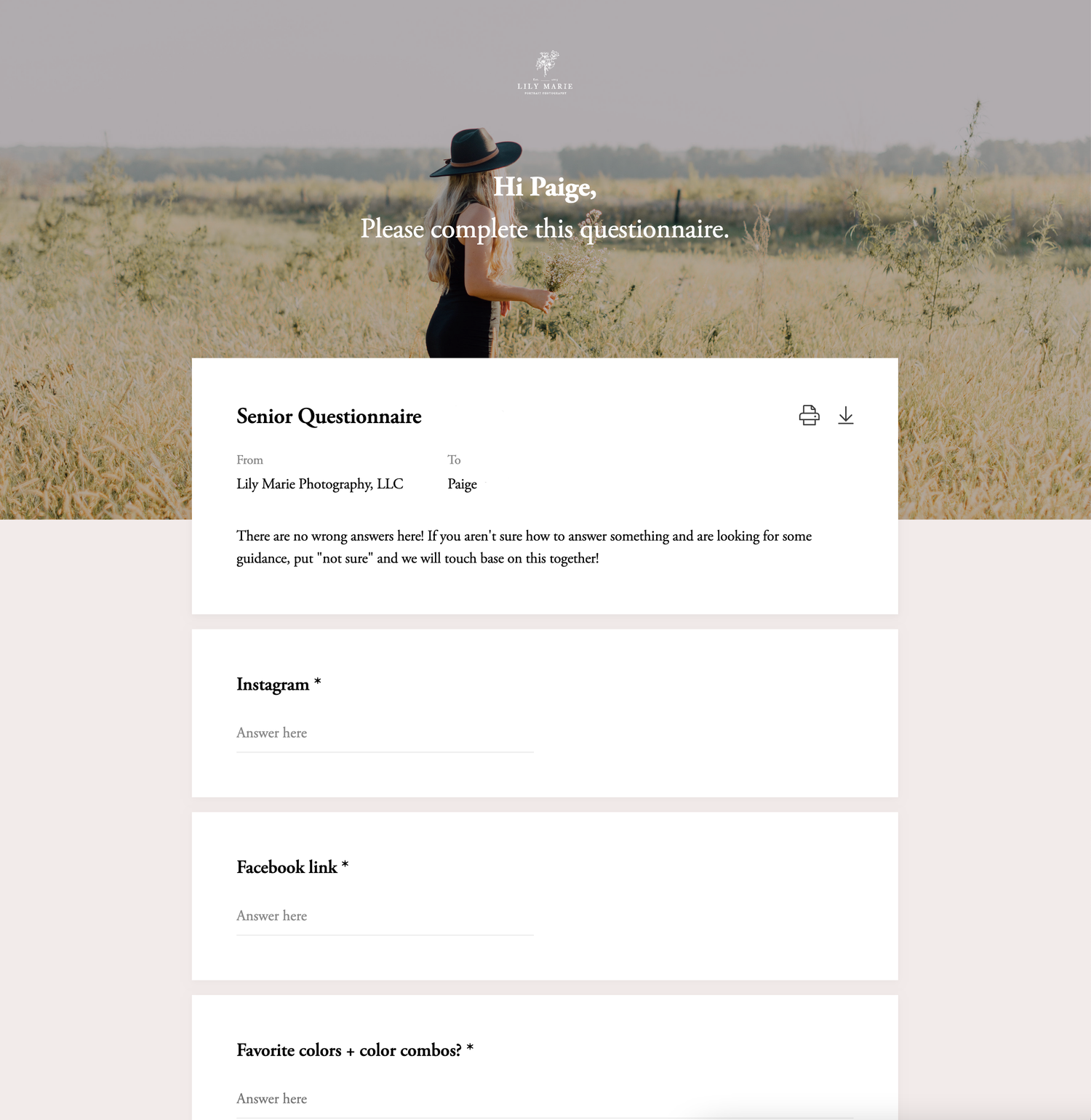 A series of screenshots showing a questionnaire form with text fields.