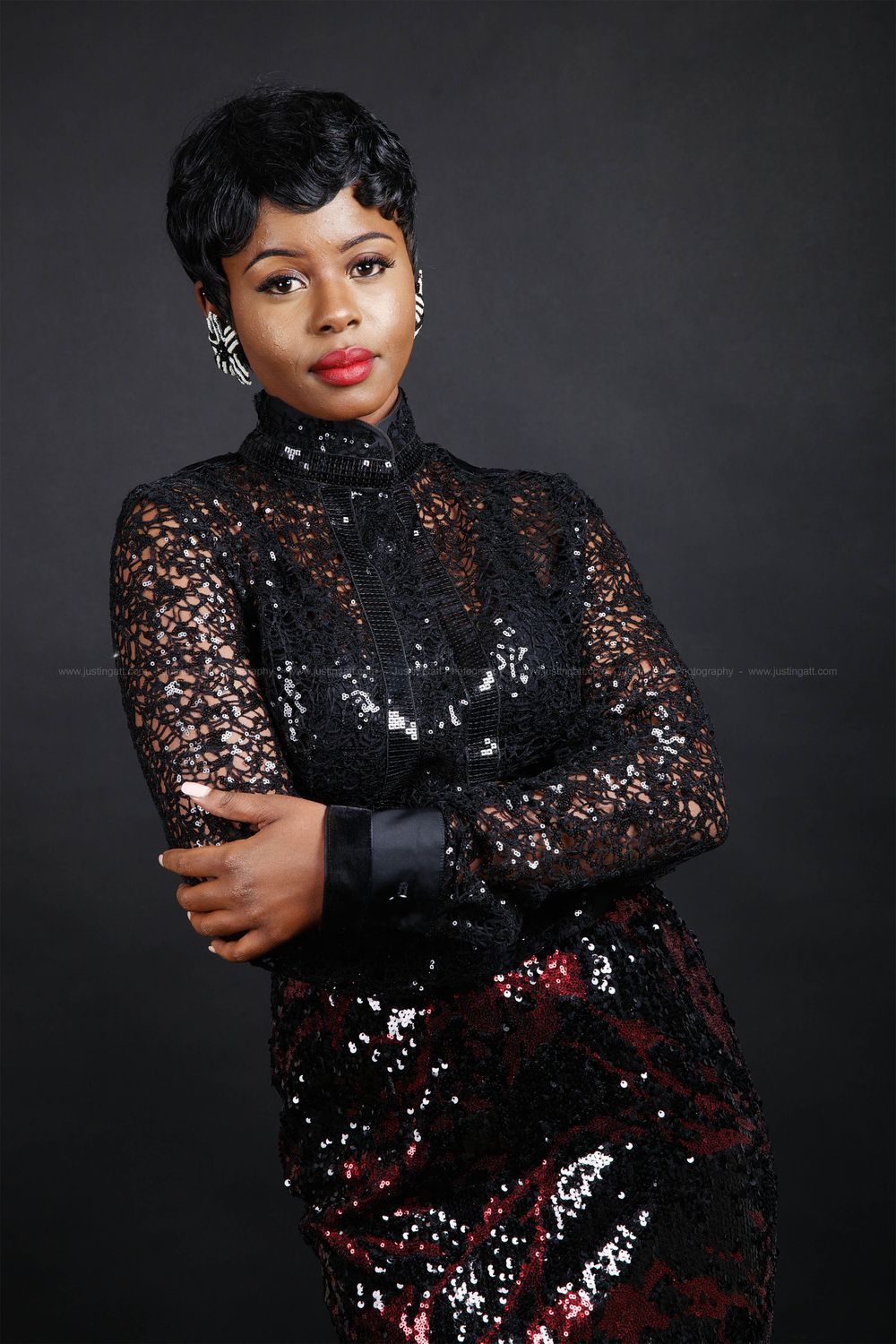 Fashion portrait series featuring a sparkly black sequined dress against a dark background.