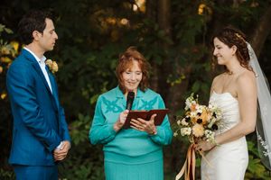 A series of candid wedding moments showing a couple and guests in a garden setting with blue and turquoise attire.