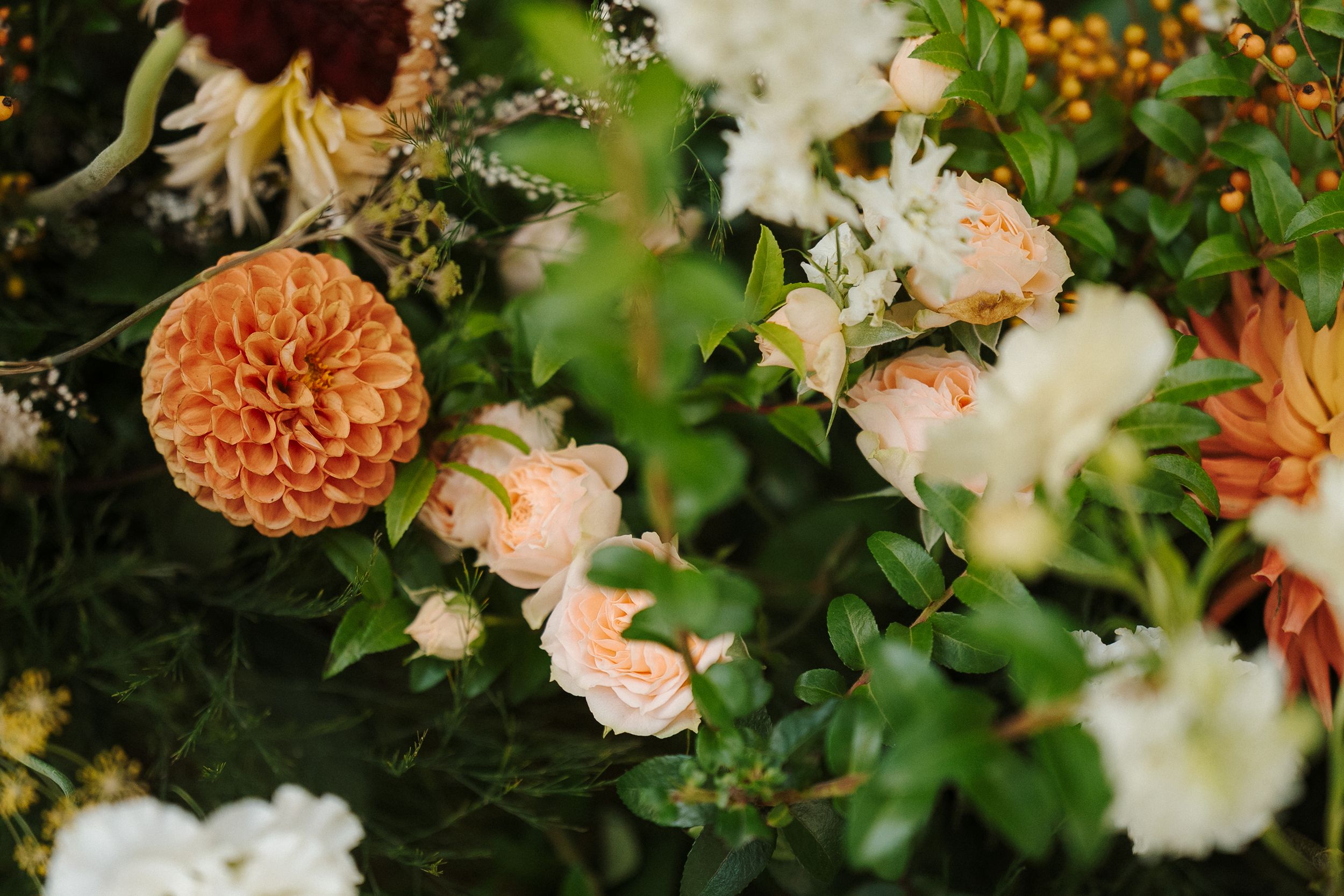 Soft peach-colored dahlia blooms and delicate roses arranged with greenery in a romantic garden setting.