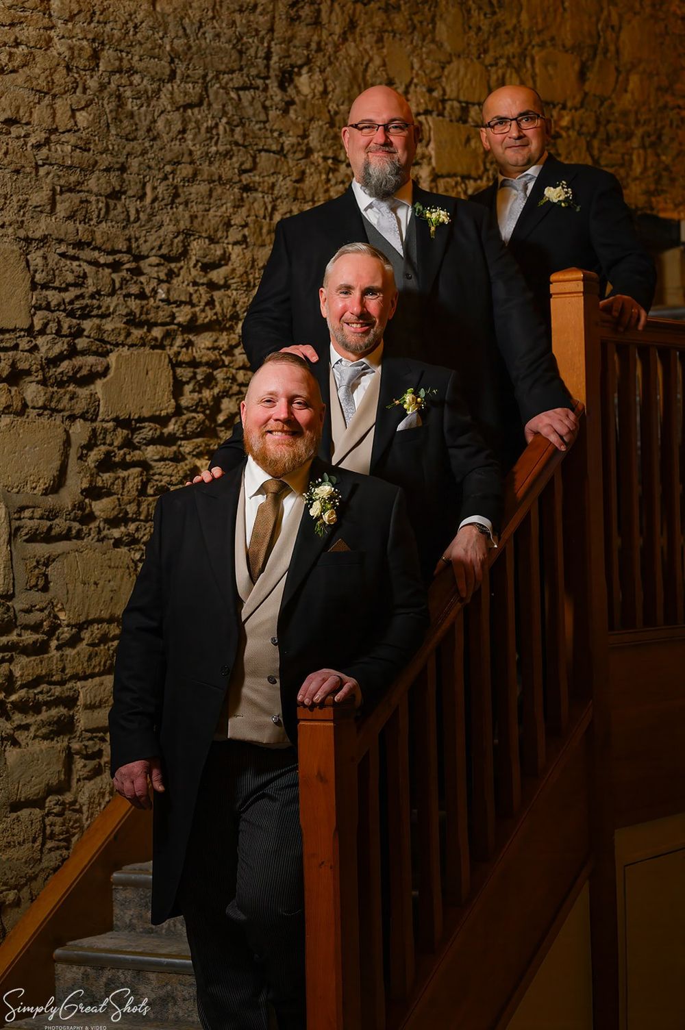 Groom Richard with best man and brothers at voco Oxford Thames Oxfordshire wedding