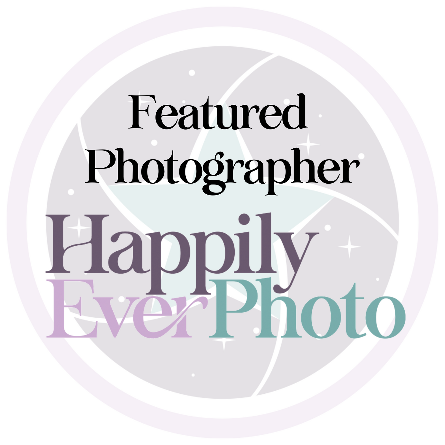 A circular logo for 'Happily Ever Photo' featuring a camera lens design with text in black and teal colors.