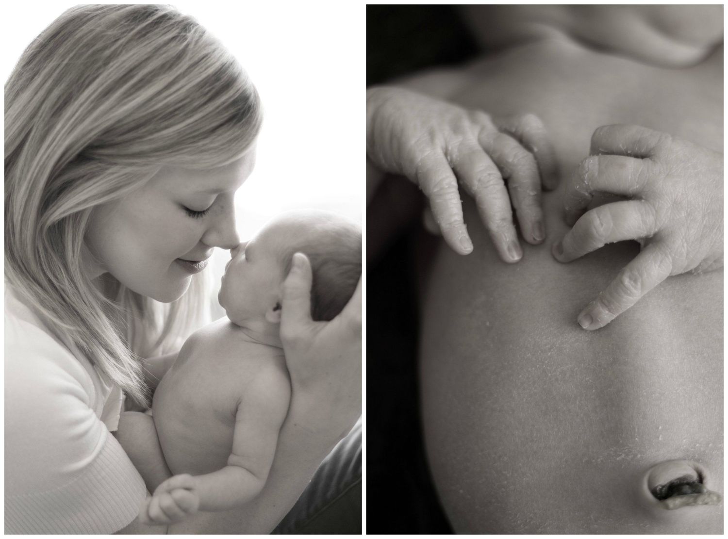 A series of tender black and white photographs showing intimate moments between a parent and newborn baby.