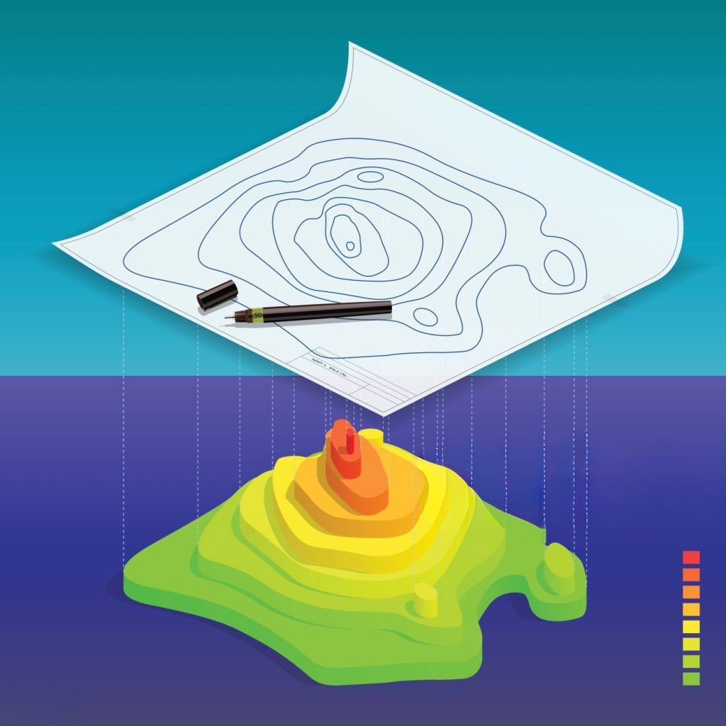 A topographic map visualization showing elevation data transitioning from a 2D contour drawing to a colored 3D model.
