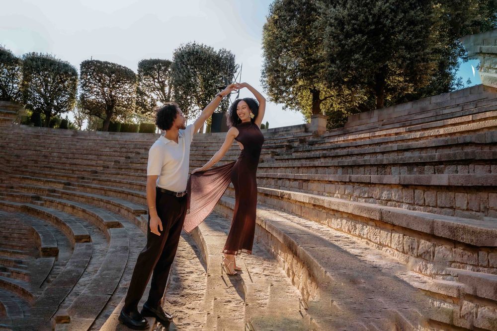 Wide shot of the Greek Theatre in Barcelona with couple in center.