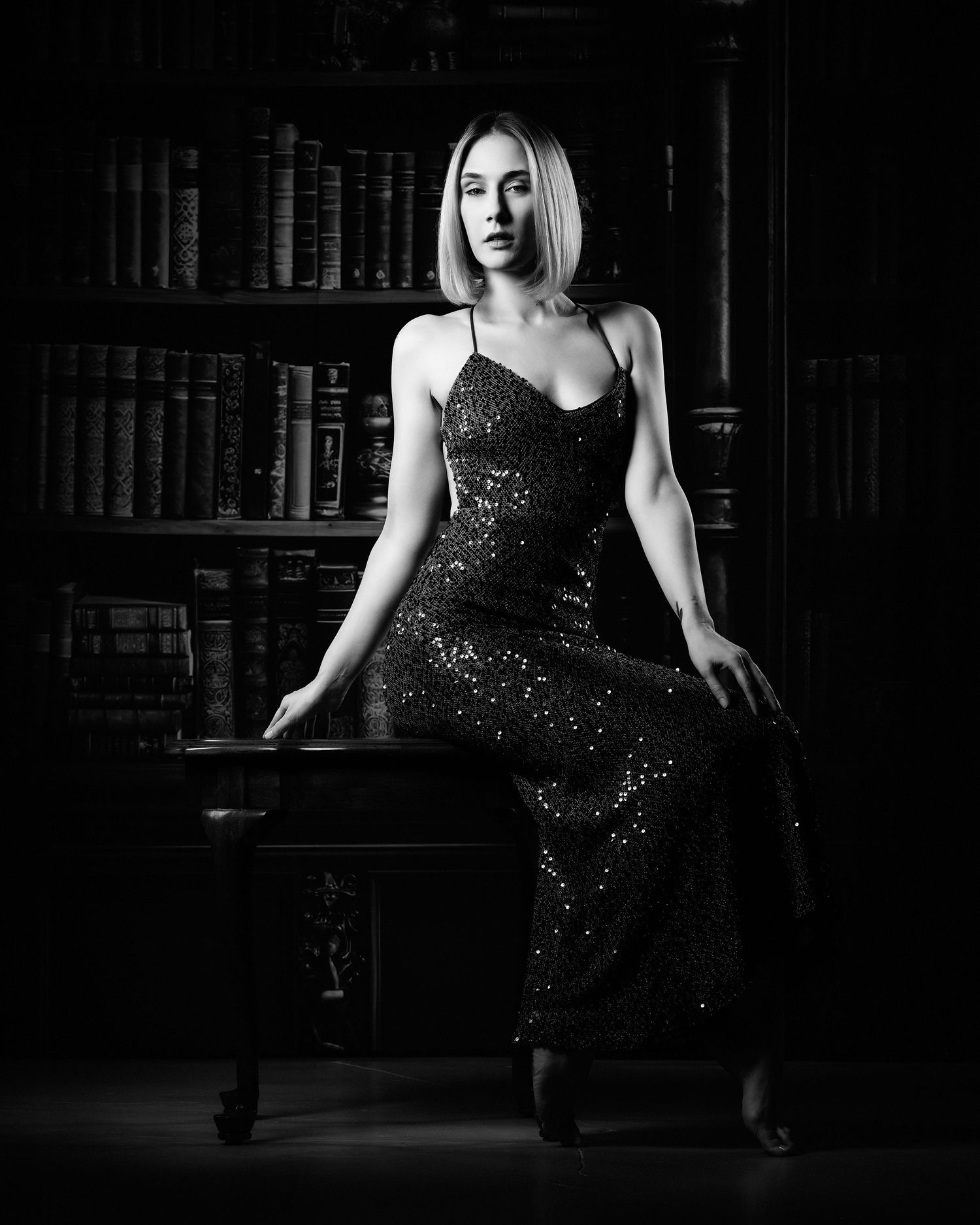David G Holt Photography - Glamour portrait in sparkling dress against dark library backdrop with dramatic lighting.