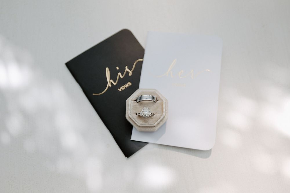 Wedding rings displayed on black and white cards with elegant calligraphy.