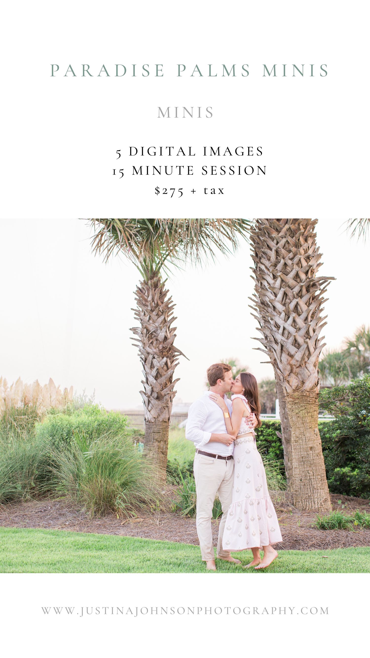 Romantic beach engagement photo session with palm trees and sand dunes at Paradise Palms featuring 5 intimate couple poses.