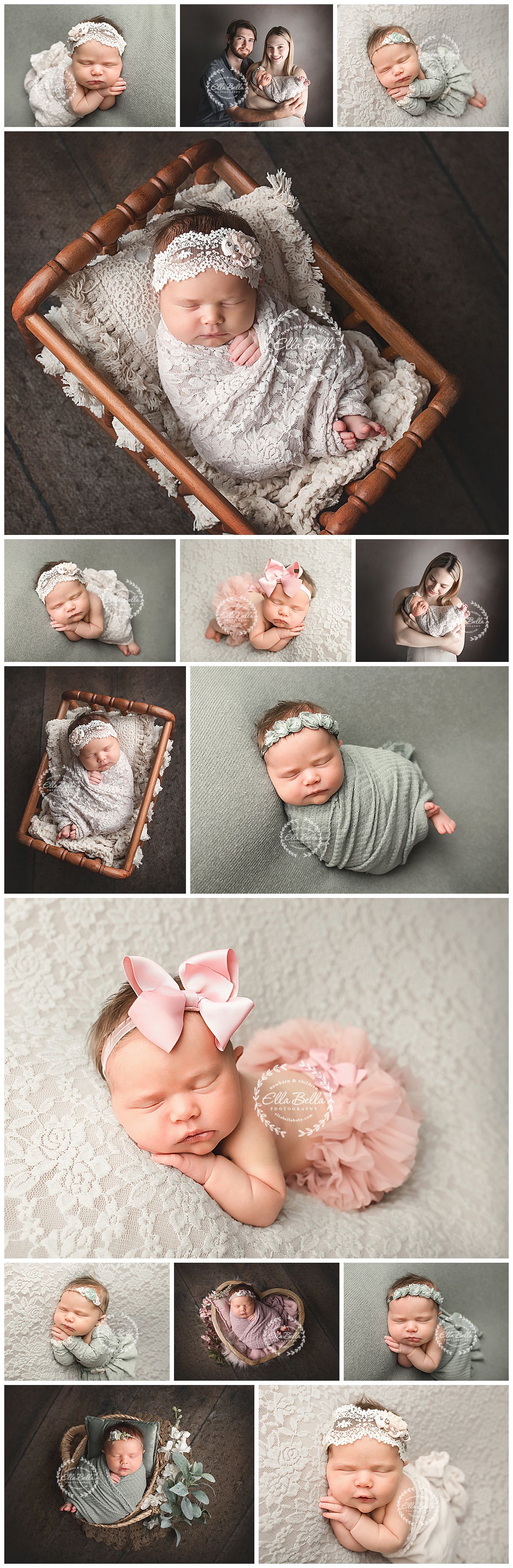 Collage of newborn photography featuring babies in delicate lace wraps, wooden props, and soft pastel accessories.