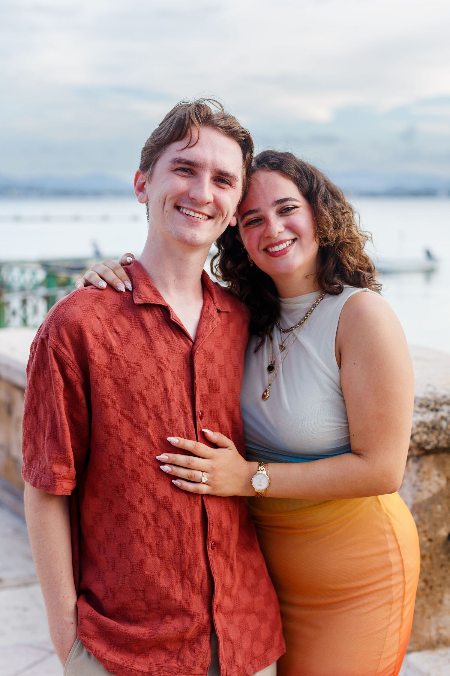 Surprise marriage proposal in Old San Juan, Puerto Rico. Paseo de la Princesa. Man and woman.