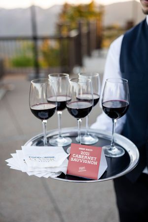 Wine tasting flight with red wines and tasting cards on silver tray.