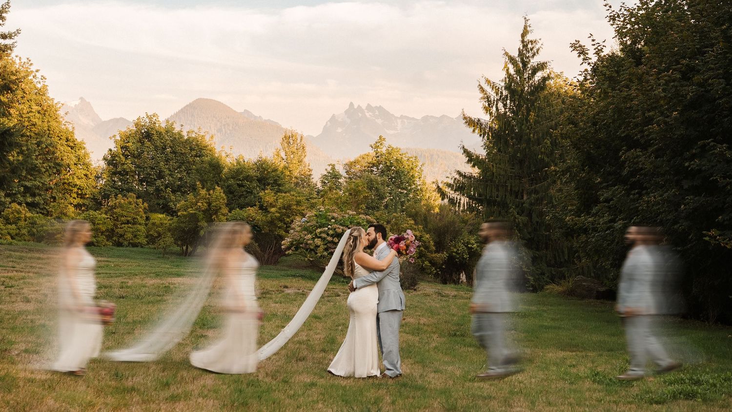 A panoramic sequence of outdoor wedding photos taken at sunset in a garden setting with mountain peaks in the distance.