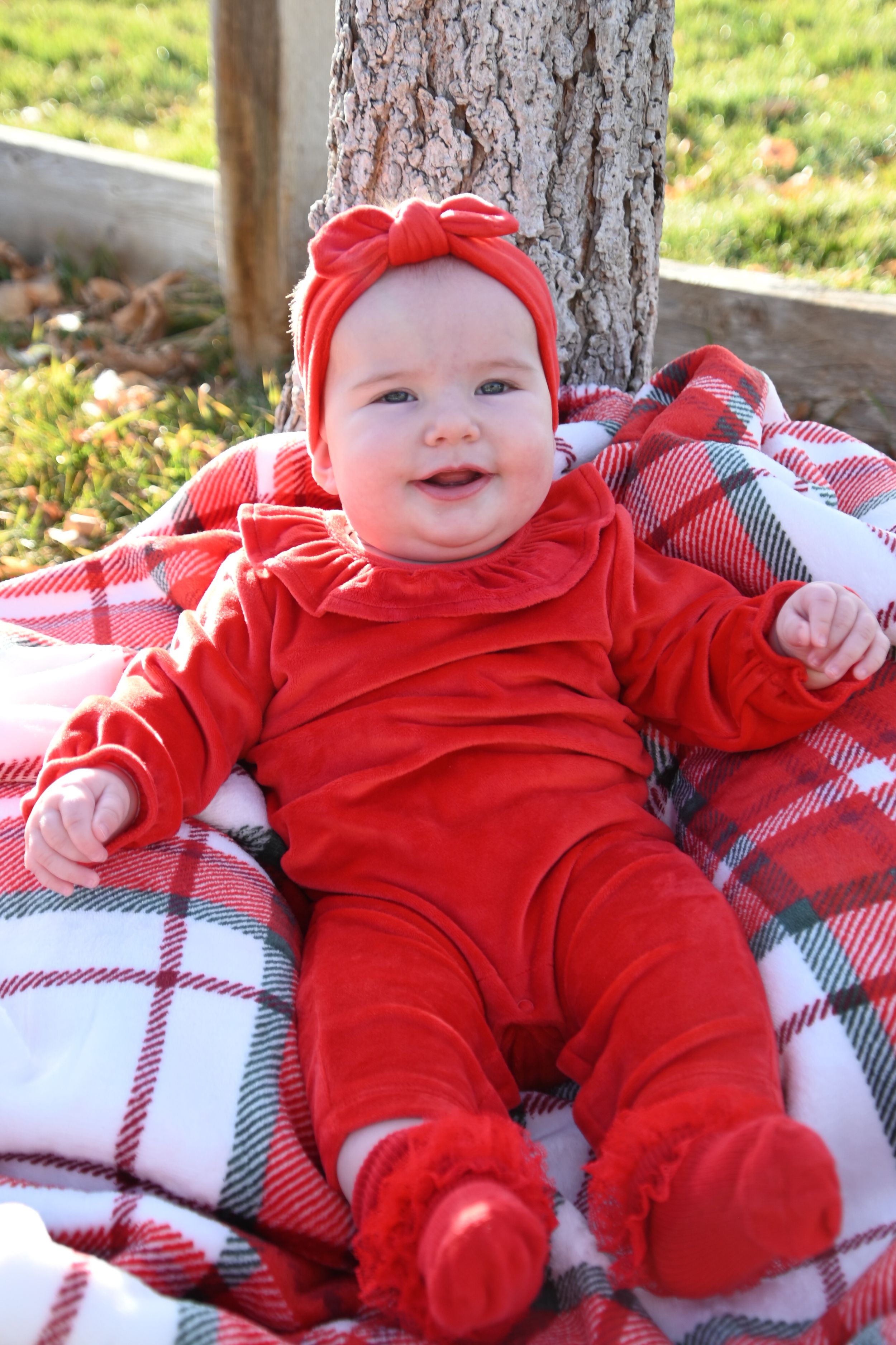A baby wearing all red clothing and bow rests on a plaid blanket outdoors next to a tree trunk.