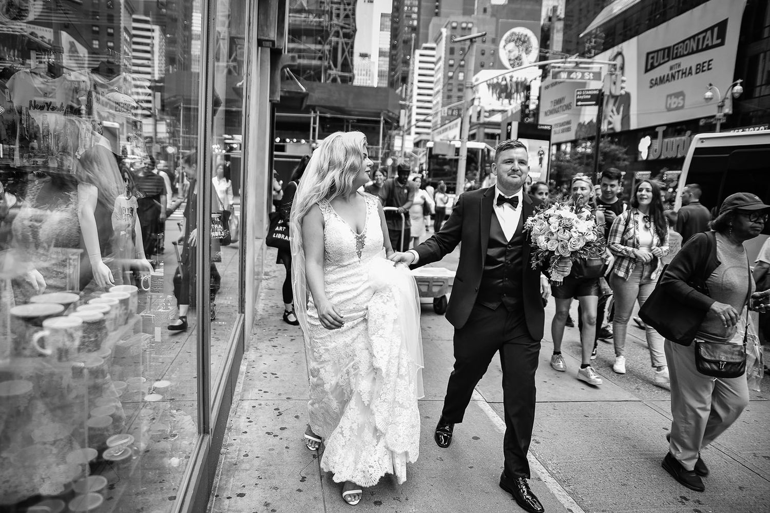 A vintage black and white photo sequence showing people on a city sidewalk bustling with pedestrian activity.
