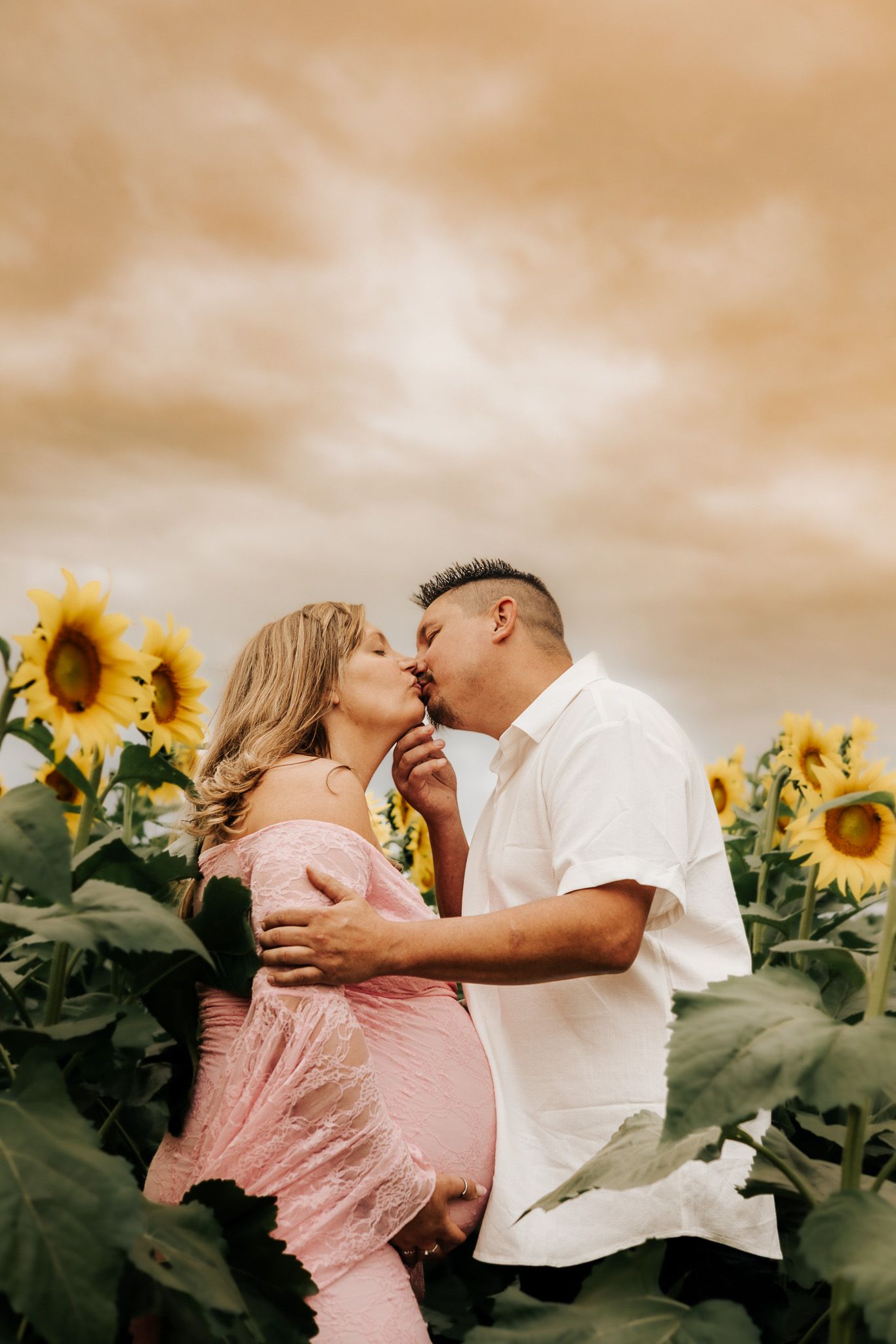 Pregnant couple kissing in a sunflower field, woman in pink dress, man in white shirt, golden sky backdrop.