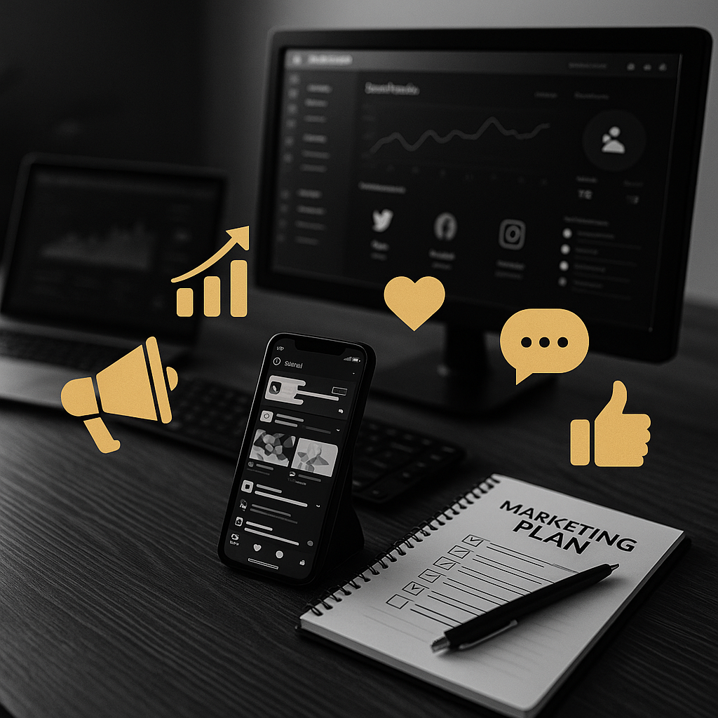 Marketing strategy desk setup with phone, laptop and gold social media icons.