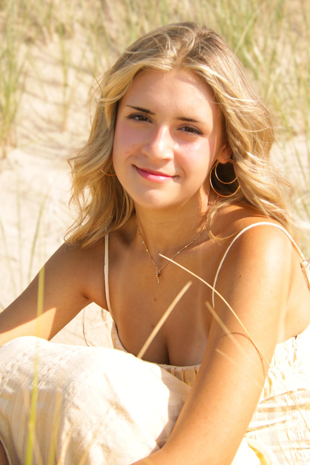 Golden sunlight creates warm tones on sandy beach dunes with grass.