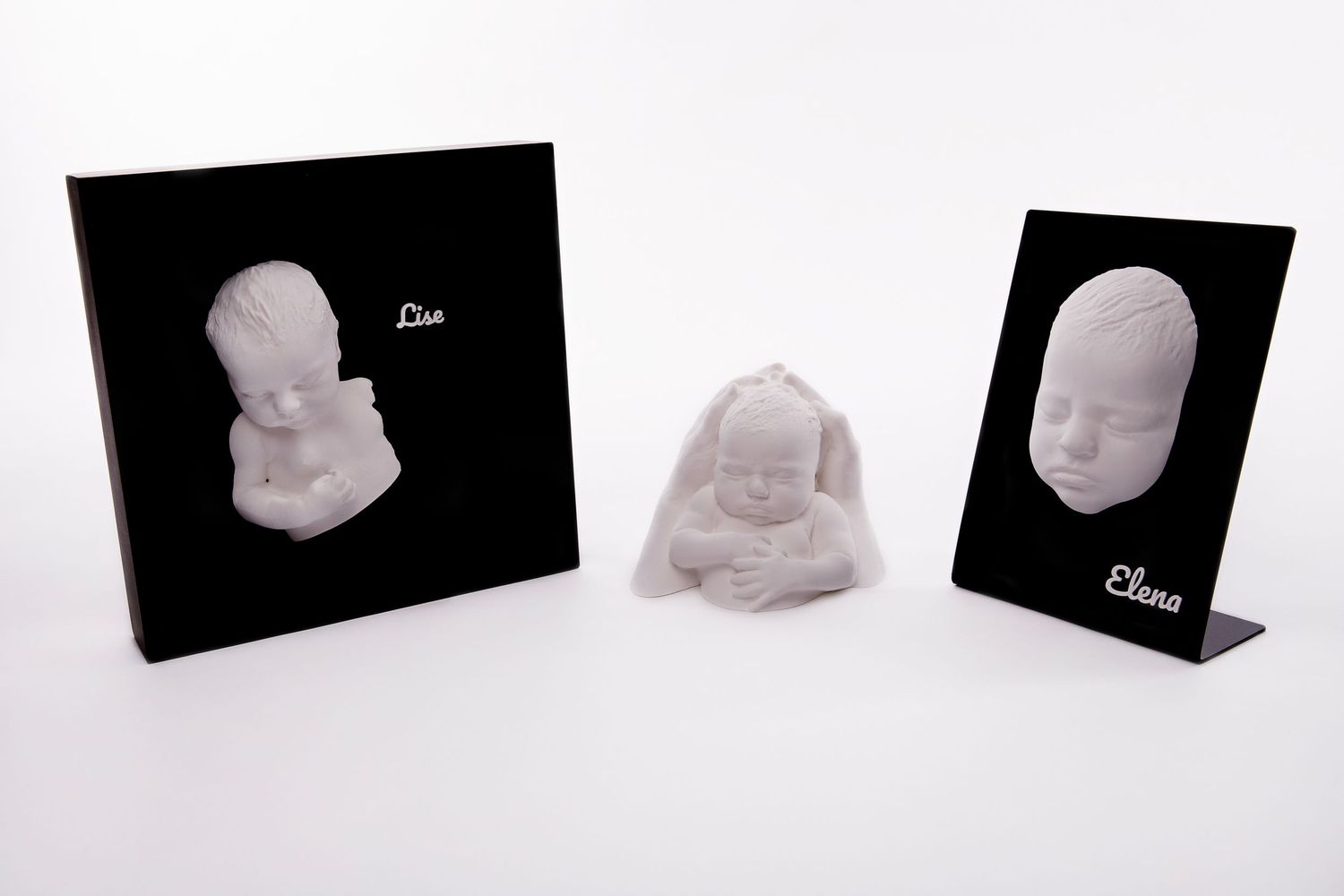 A series of black and white photographs displayed in a row showing abstract sculptural forms and shapes.