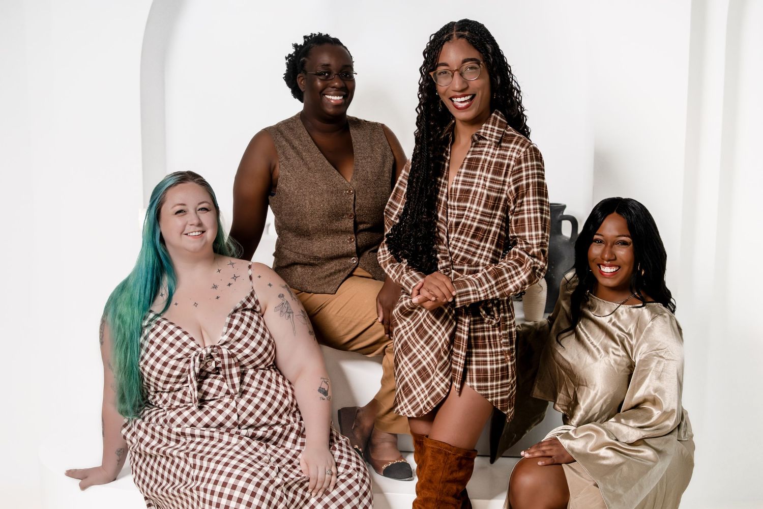 A stylish team introduction layout showing three photo frames with team members against a beige background.