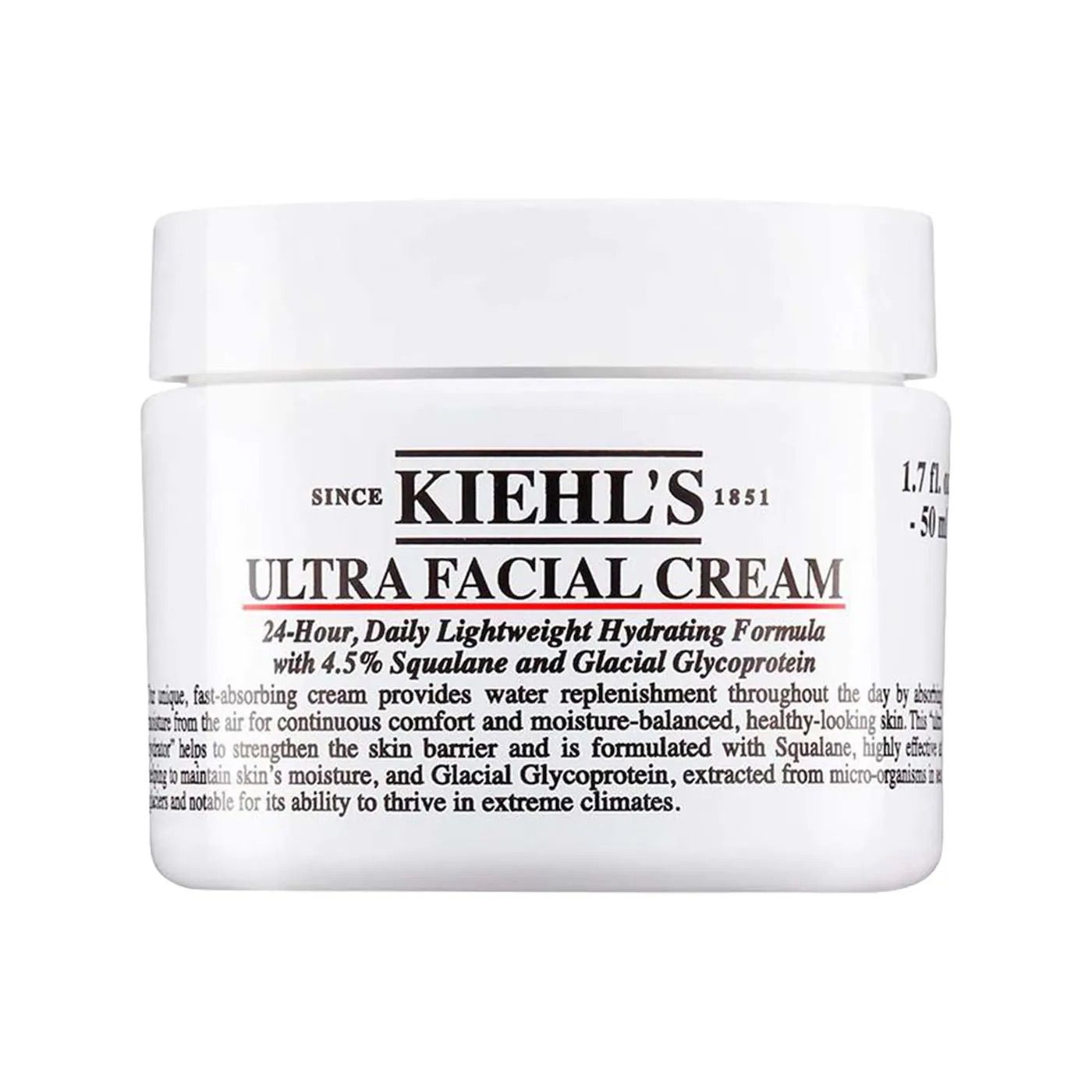 White jar of Kiehl's Ultra Facial Cream moisturizer with product text and ingredients list shown against white background.