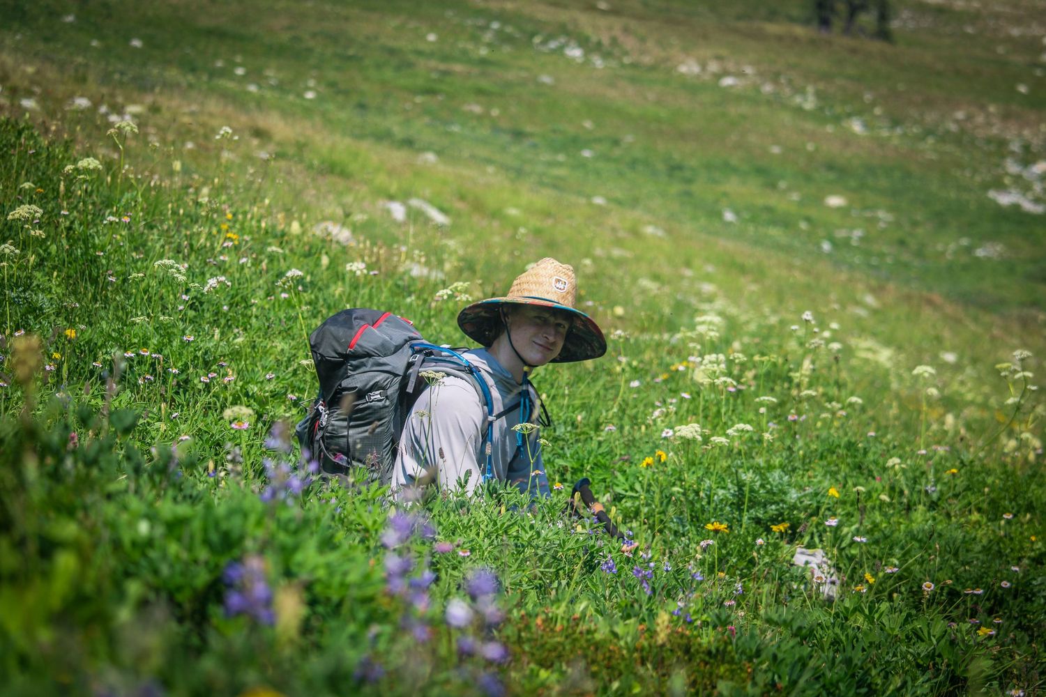 Green meadow with wildflowers and hiking gear scattered in the grass.