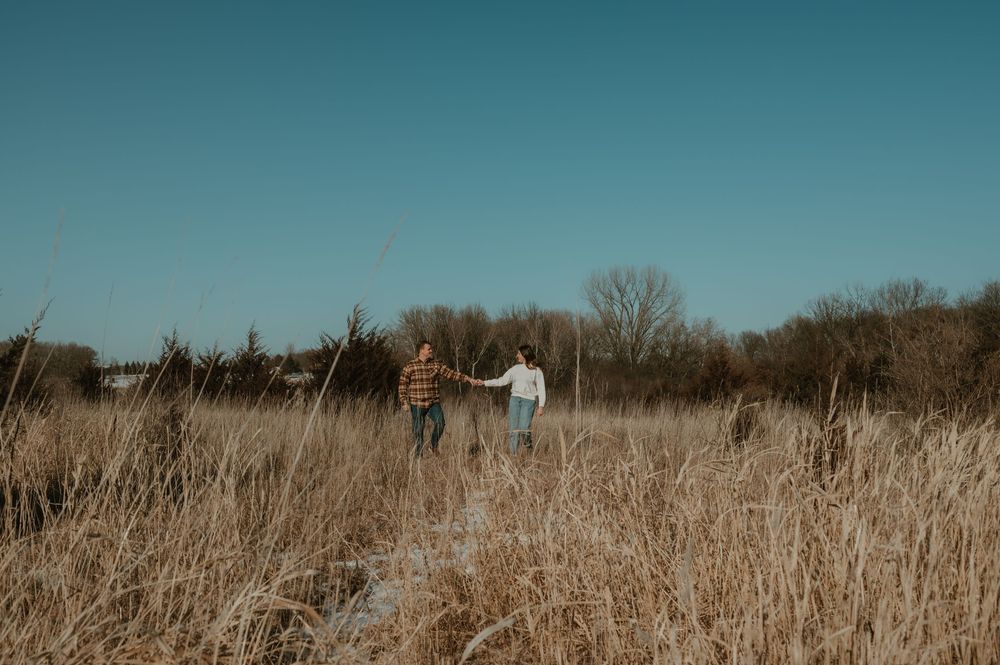 A serene panoramic view of golden dried grass fields stretches across rolling hills under a bright blue winter sky.
