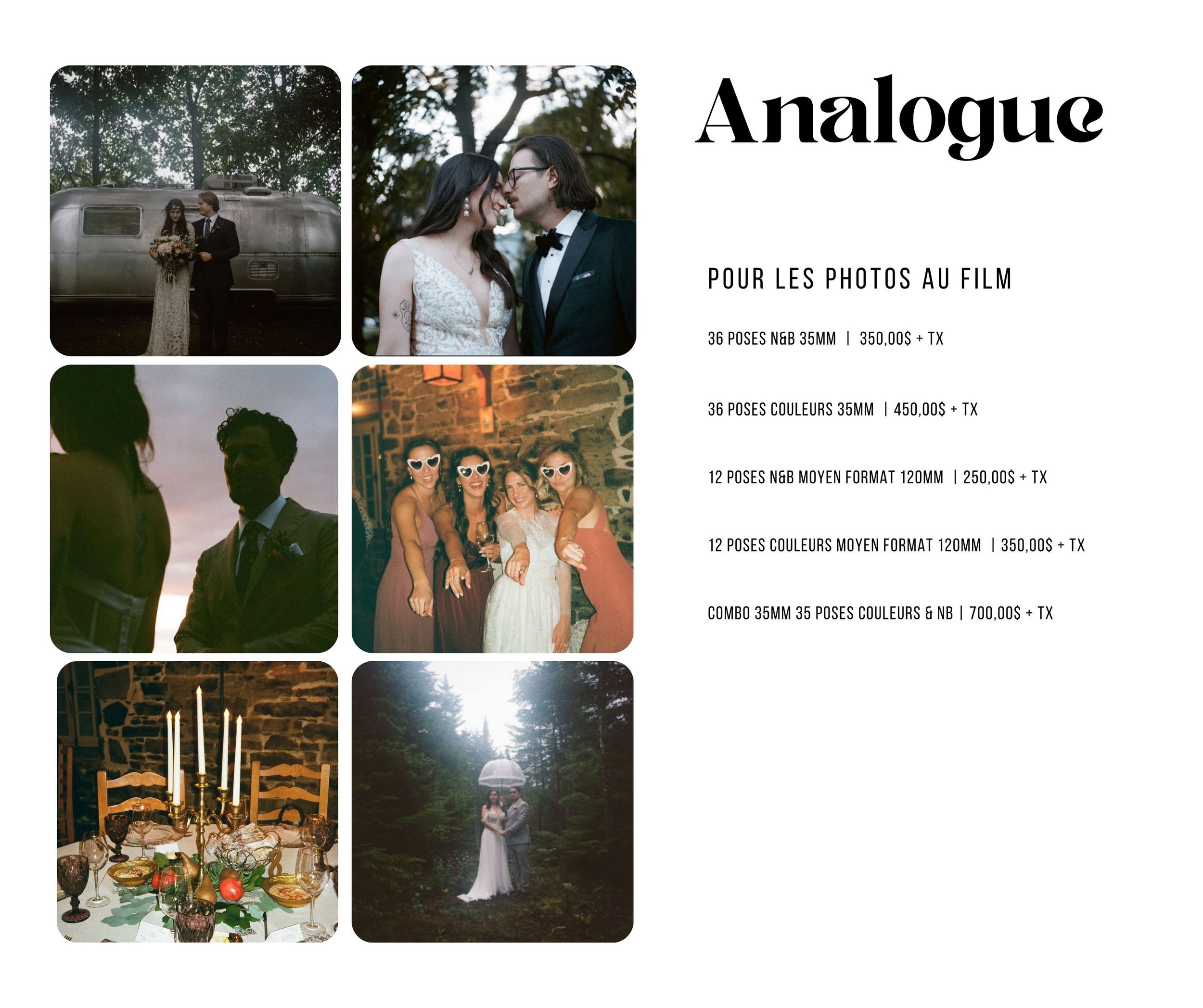A collage of wedding photography showing outdoor scenes, reception details, and romantic moments in natural settings.