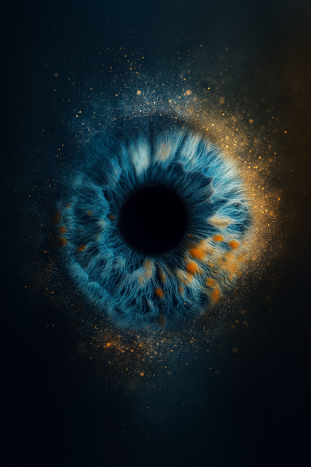 A close-up macro photograph of a blue human iris with golden particles dispersing around the edges in an artistic effect.