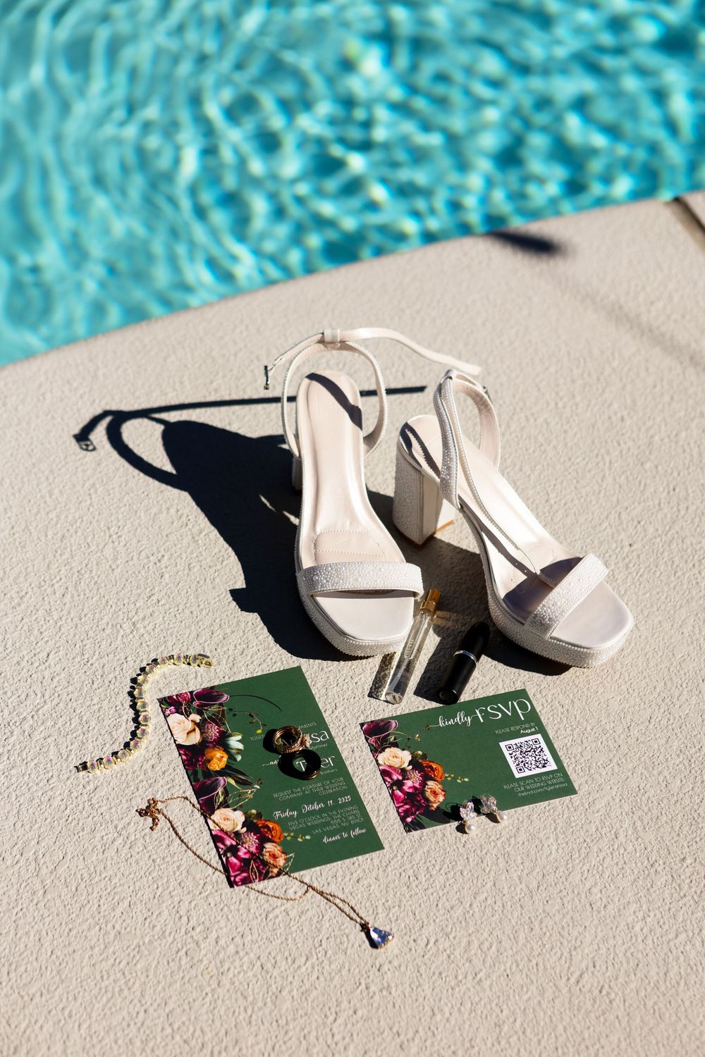 Detail shots of invitations, shoes during getting ready Las Vegas Airbnb