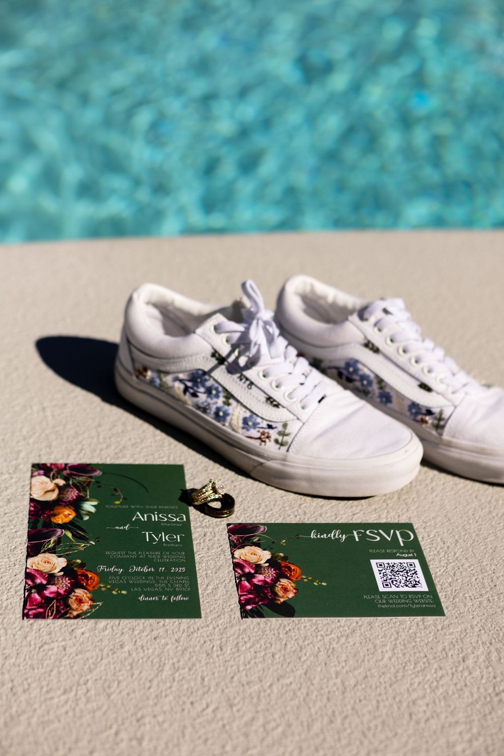 Detail shots of invitations, shoes during getting ready Las Vegas Airbnb