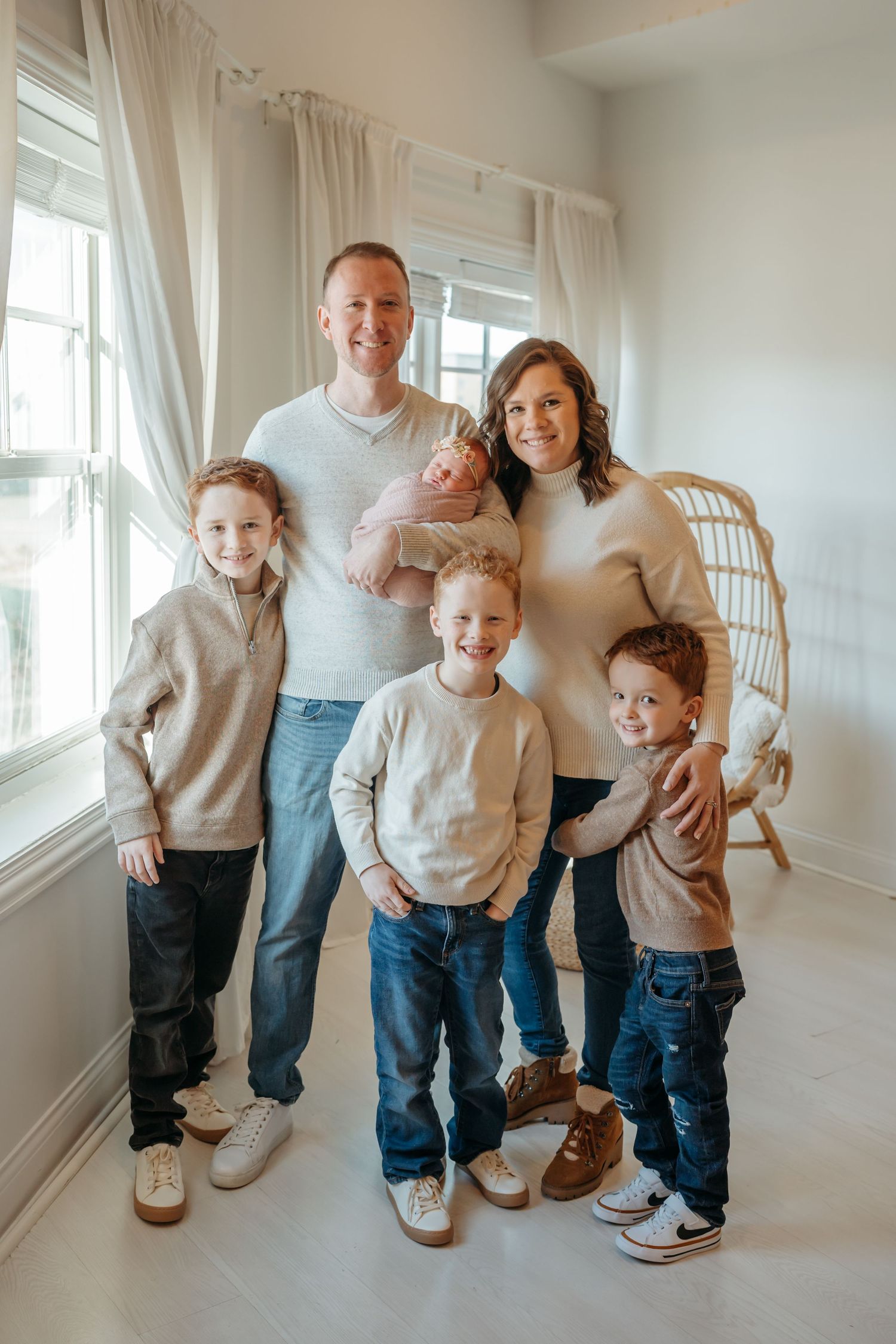 Series of casual family portraits showing siblings posing together against a light wall.
