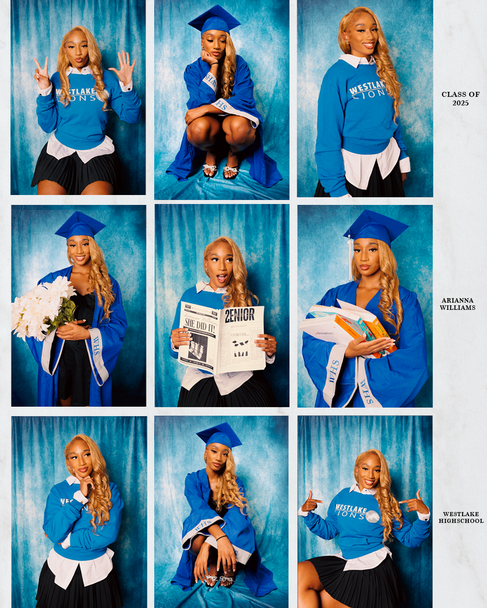 Graduate in blue cap and gown poses playfully with diploma against turquoise backdrop in photo collage.