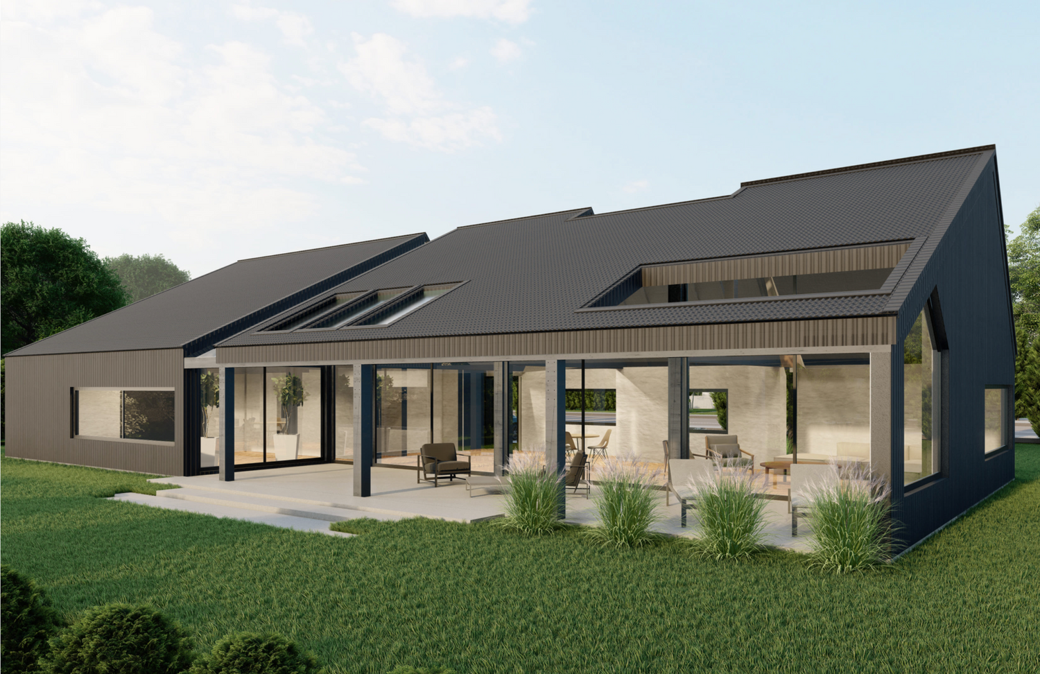 Contemporary house design with dark roof featuring solar panels and covered patio area in natural setting.