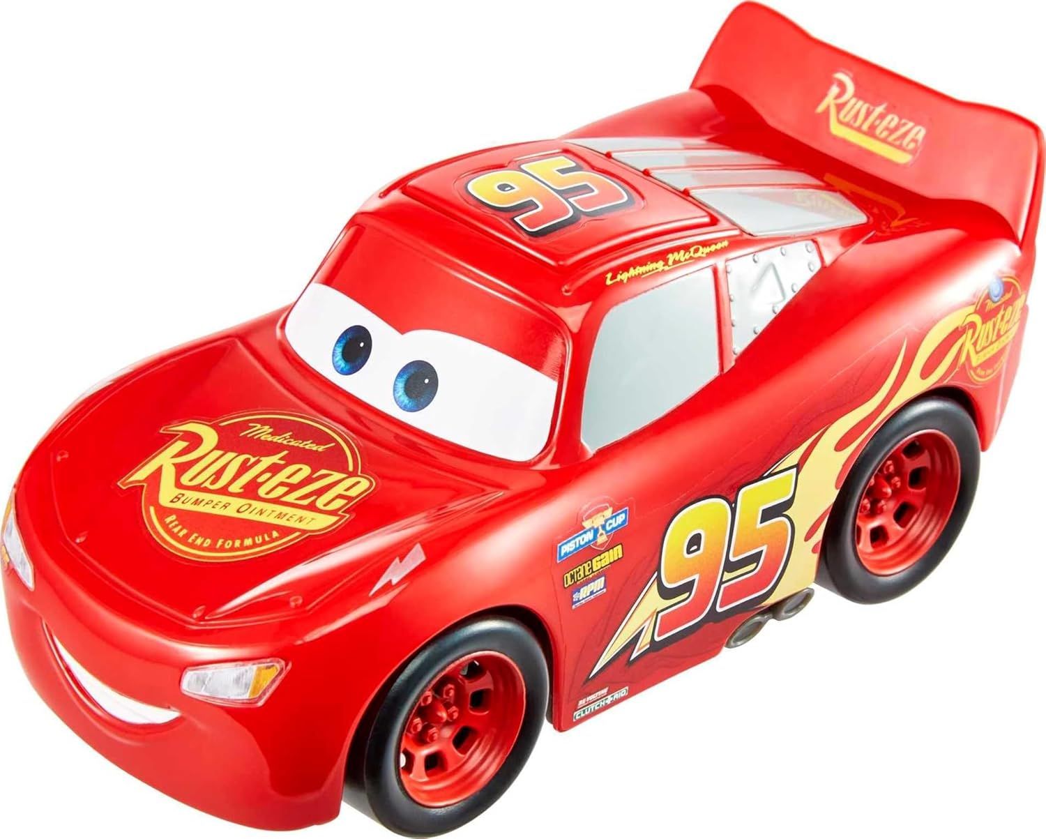 Lightning McQueen toy car from Disney Pixar Cars movie with red paint and Rust-eze racing decals.