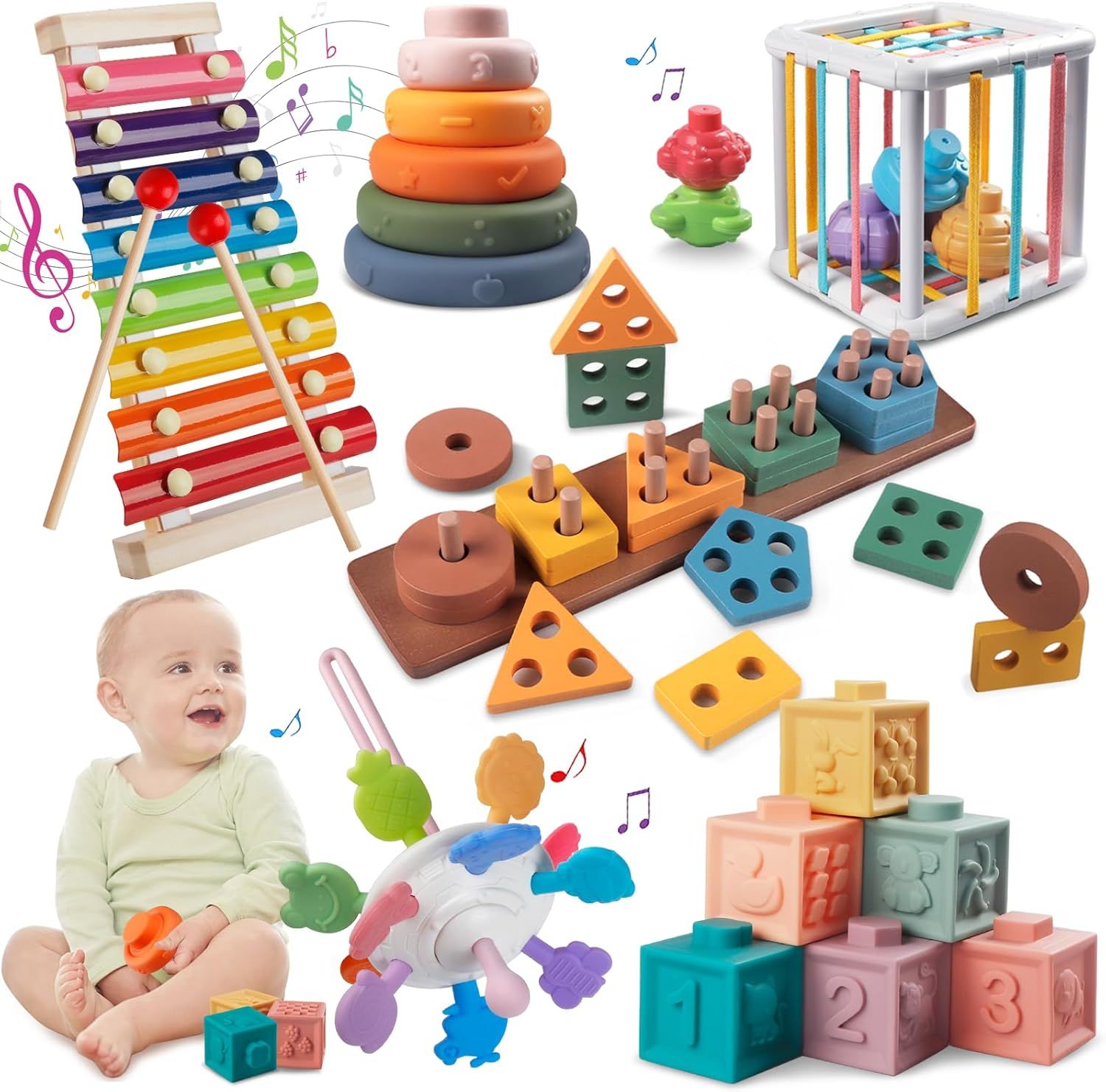 Colorful wooden educational toys and stacking blocks scattered with musical notes showing developmental learning activities.