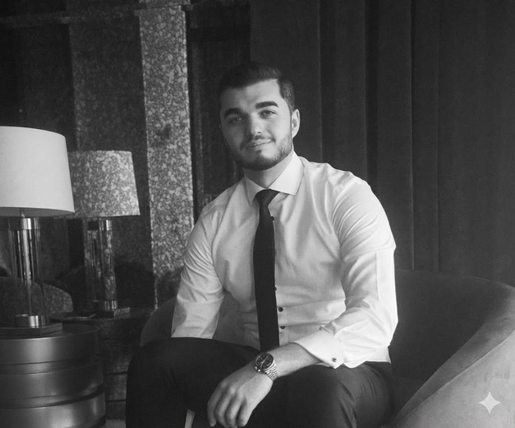 Black and white portrait series showing a man in formal attire sitting in an elegant interior setting.