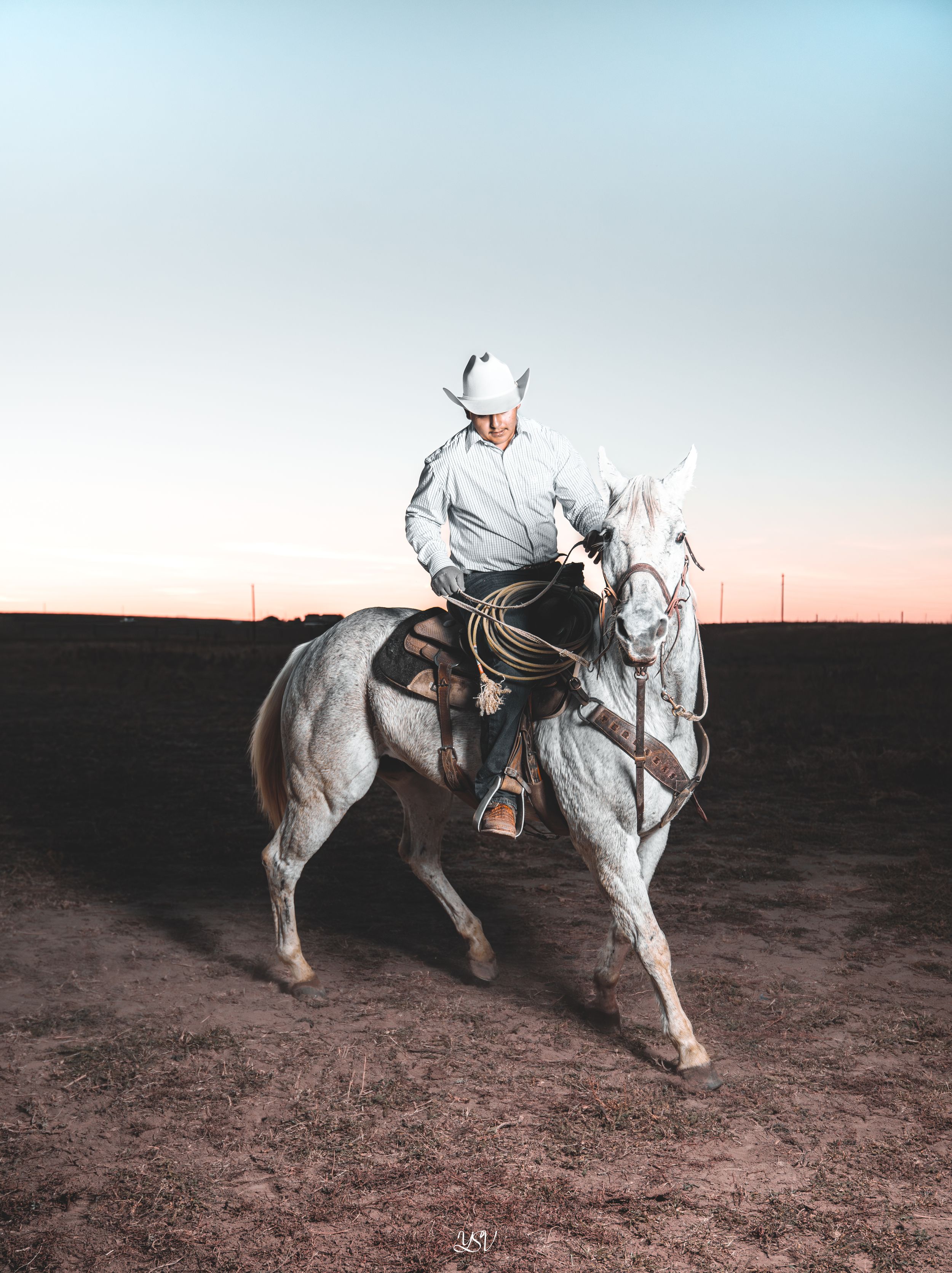 A rider sits atop a white horse against a dusky sky in an open field during sunset.