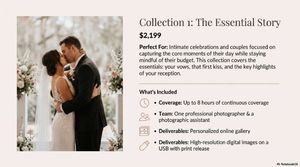A wedding photography collection brochure shows pricing details and sample images with elegant black and white design.