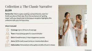 Wedding photography pricing package details shown with a tender moment captured in soft lighting.