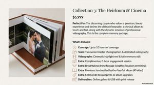 Premium wedding photo album package displaying a leather-bound book with sample imagery.