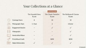 A pricing comparison chart showing different service tiers and features with checkmarks and costs.