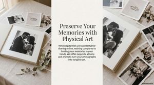 A collection of vintage black and white photographs laid out on a white surface with text about preserving memories.